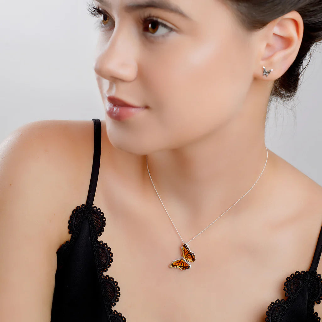 Henryka Monarch Butterfly Necklace in Silver and Amber MODEL