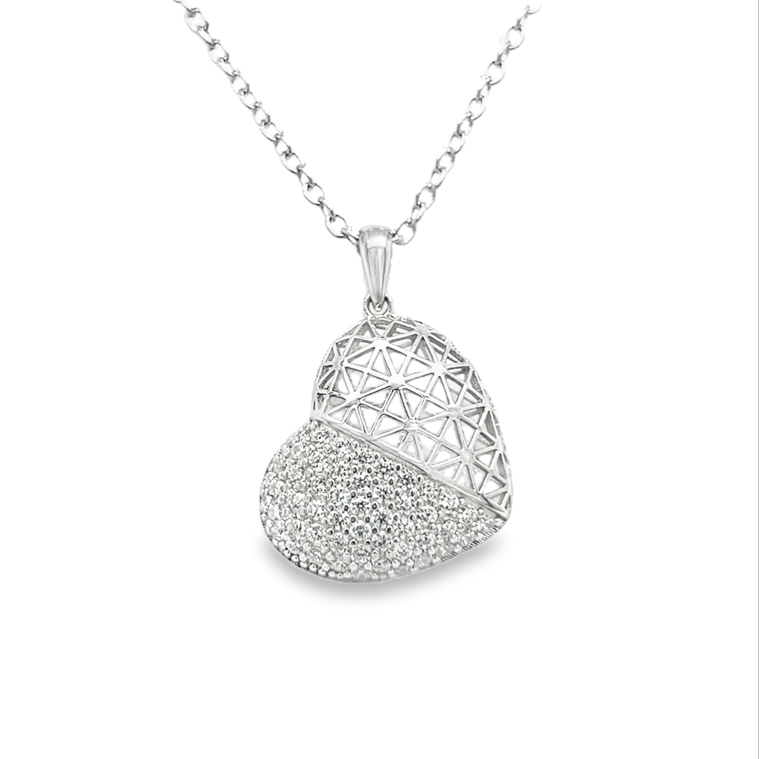 Sterling Silver CZ Mesh Heart Necklace