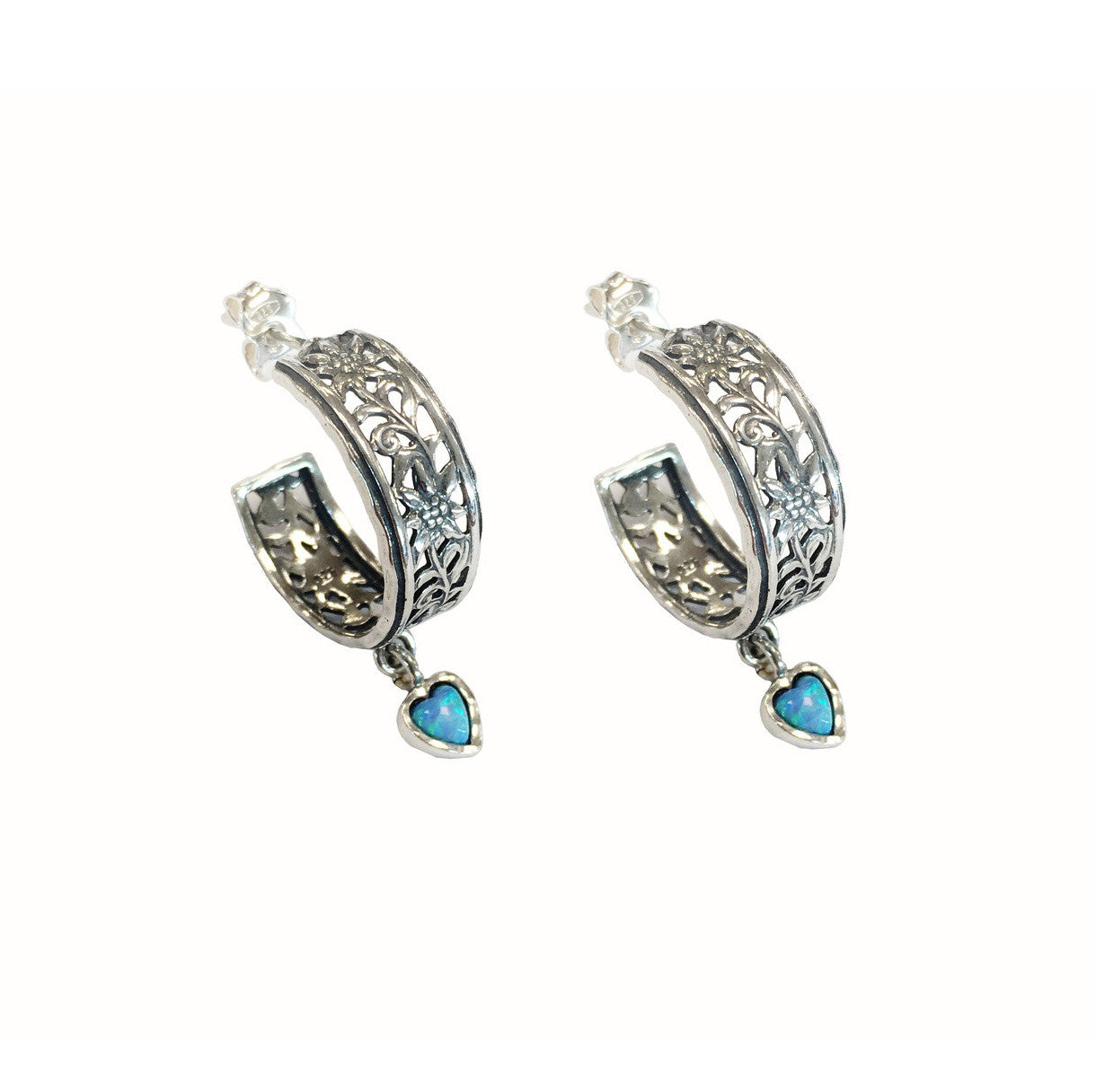 Aviv Silver Half Hoop Opal Heart Dangle Earrings