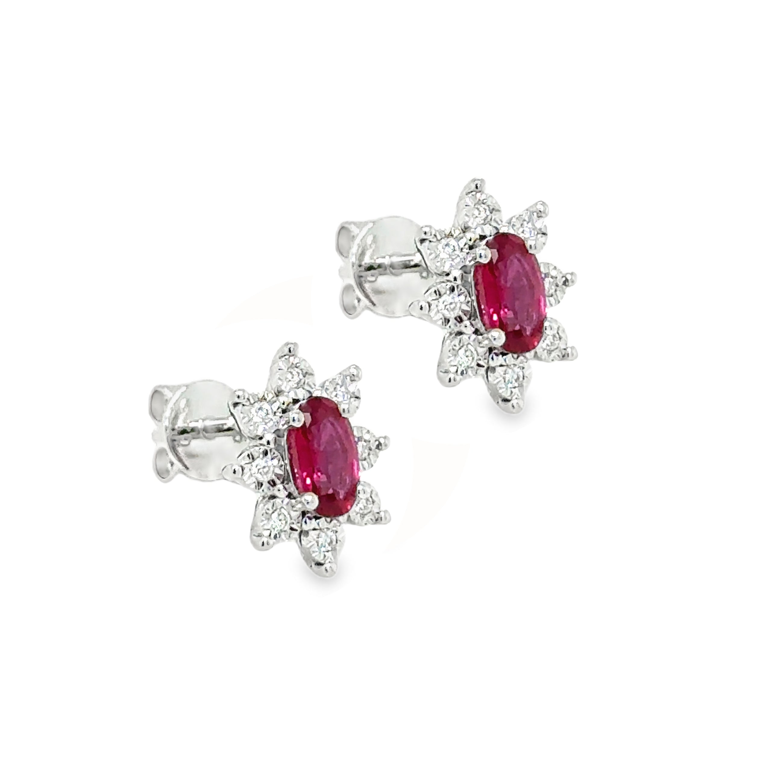 9ct White Gold Oval Ruby & Diamond Illusion Set Cluster Earrings side 1