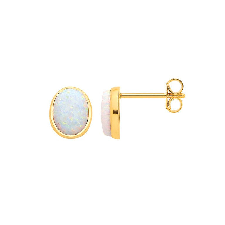 9ct Gold Created Opal Oval Stud Earrings SIDE