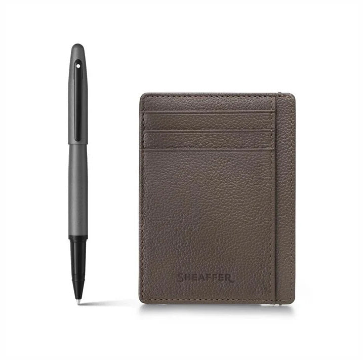 Sheaffer VFM Matte Black Ballpoint Pen & Grey Card Case Set