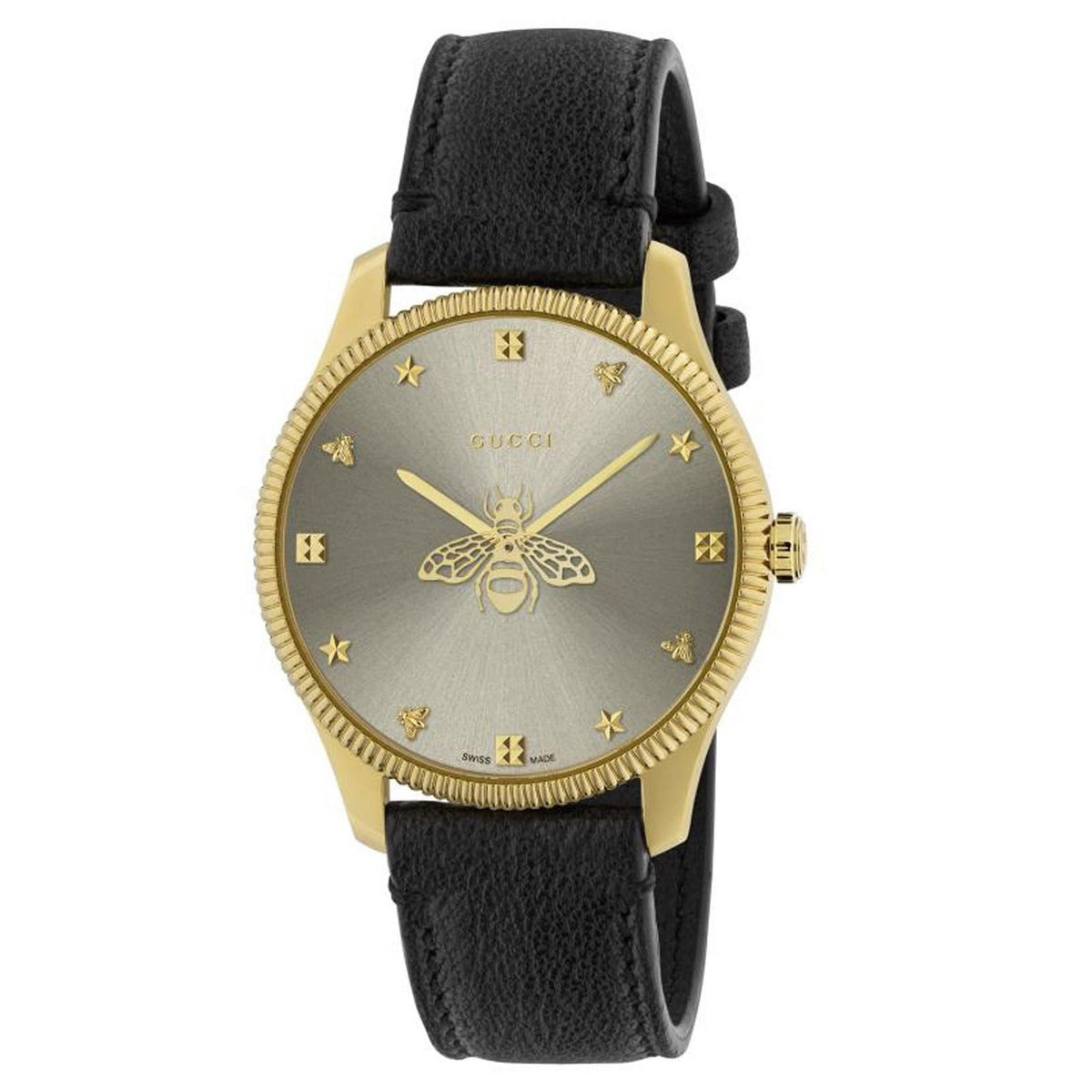 Gucci G Timeless Gold Tone Black Leather Quartz Watch Ya1264181