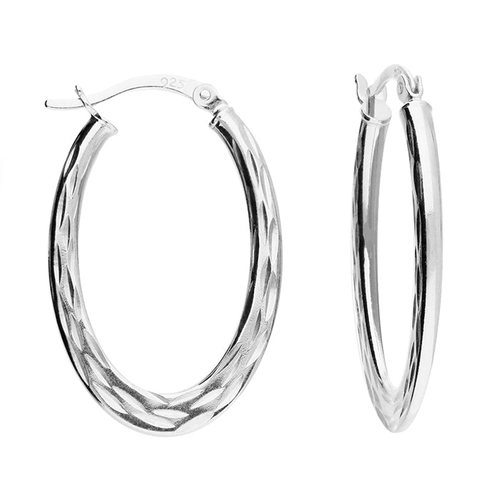 Sterling Silver Textured Oval Creole Hoop Earrings