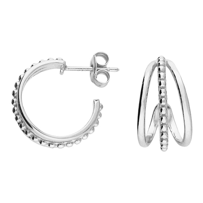 Sterling Silver 3 Row Beaded Hoop Stud Earrings