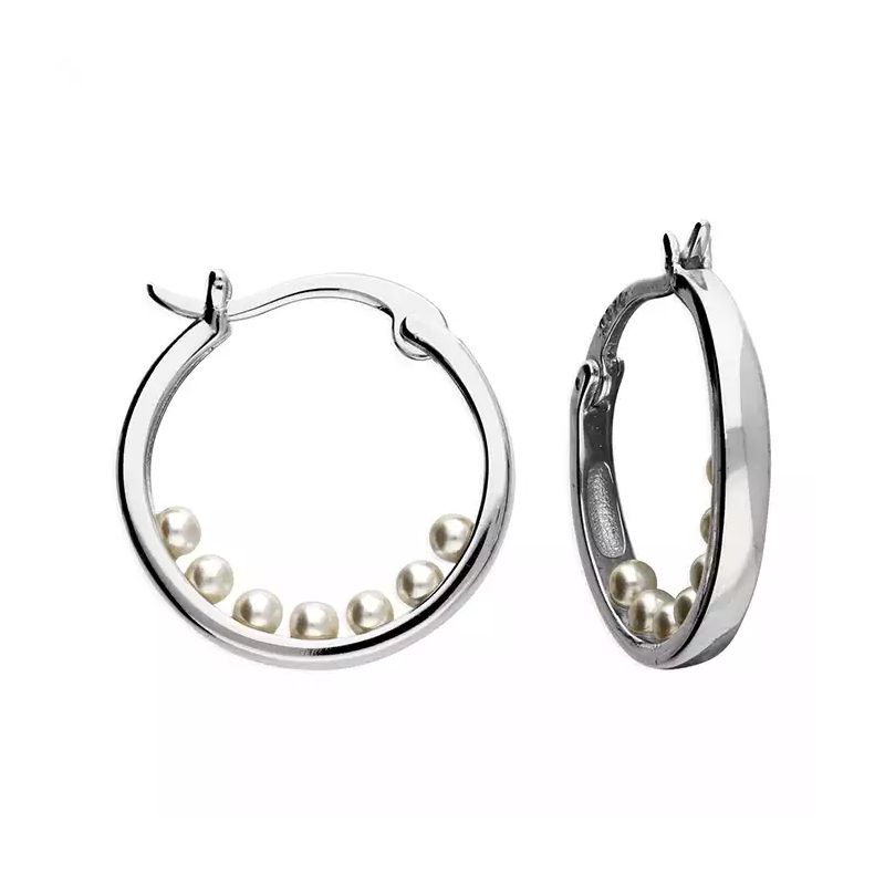 Sterling Silver 17mm Faux Pearl Boat Hoop Earrings