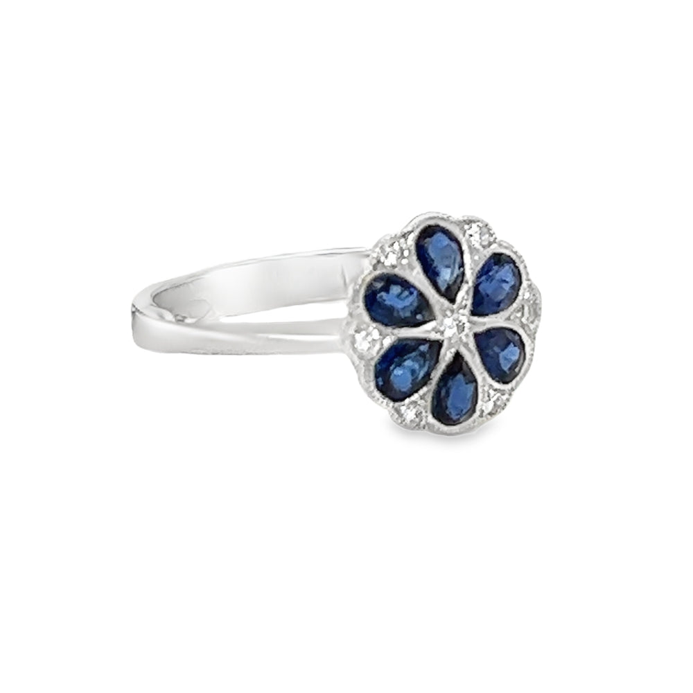 Sapphire & Diamond Pear Cluster Ring 18ct White Gold side