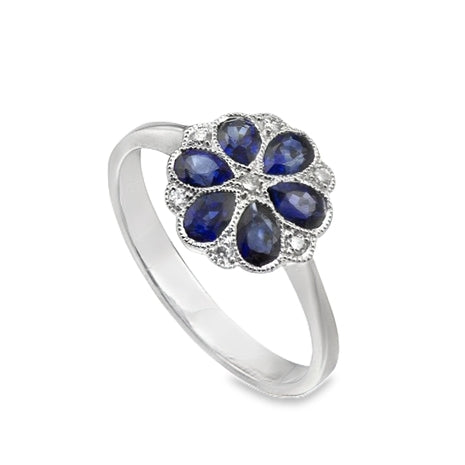 Sapphire & Diamond Pear Cluster Ring 18ct White Gold