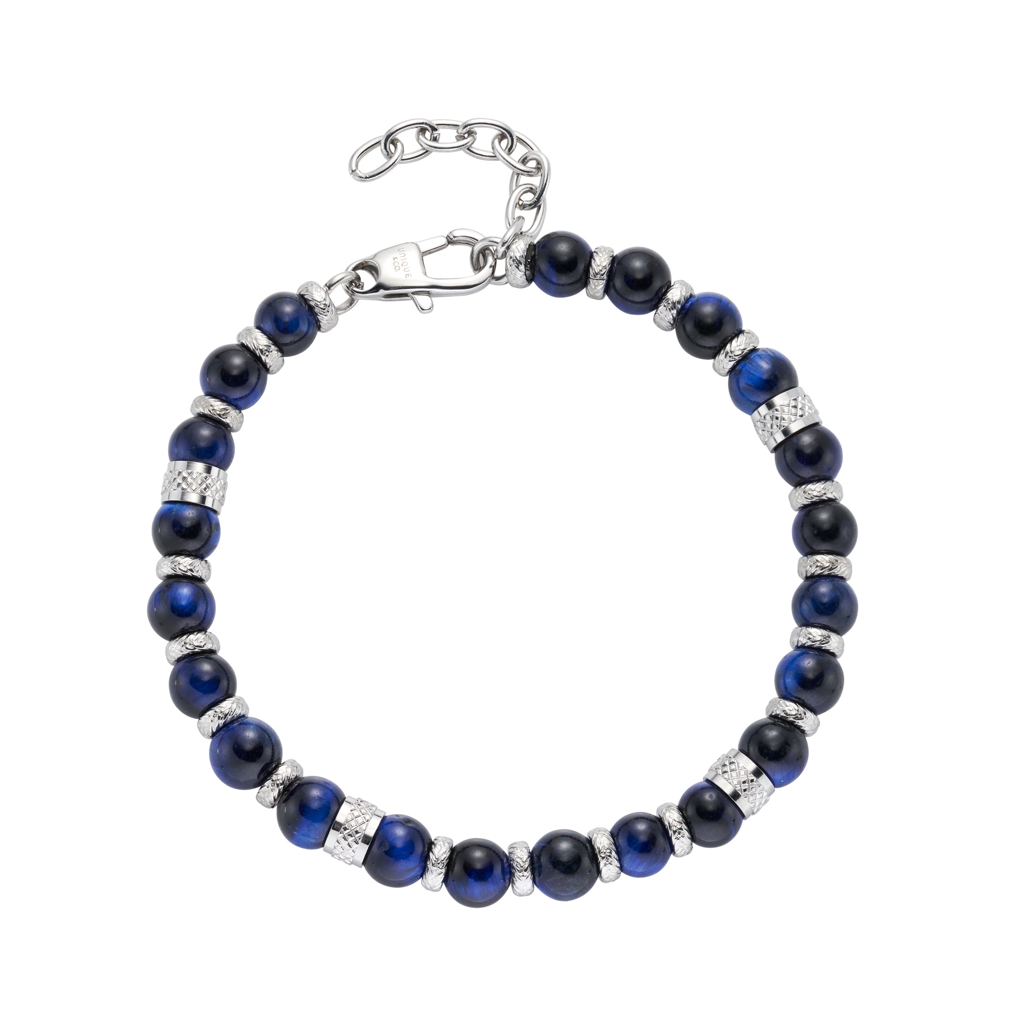 Unique & Co Men's Steel & Blue Tigers Eye Bead Bracelet LAB-292