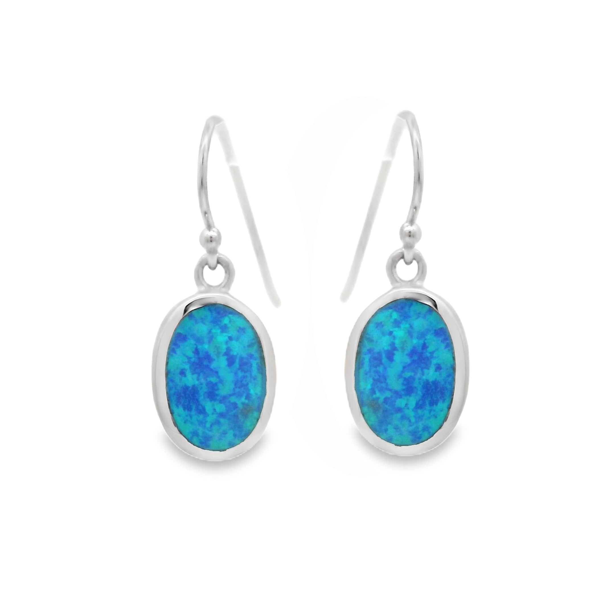 Silver Blue Created Opal Oval Drop Earrings
