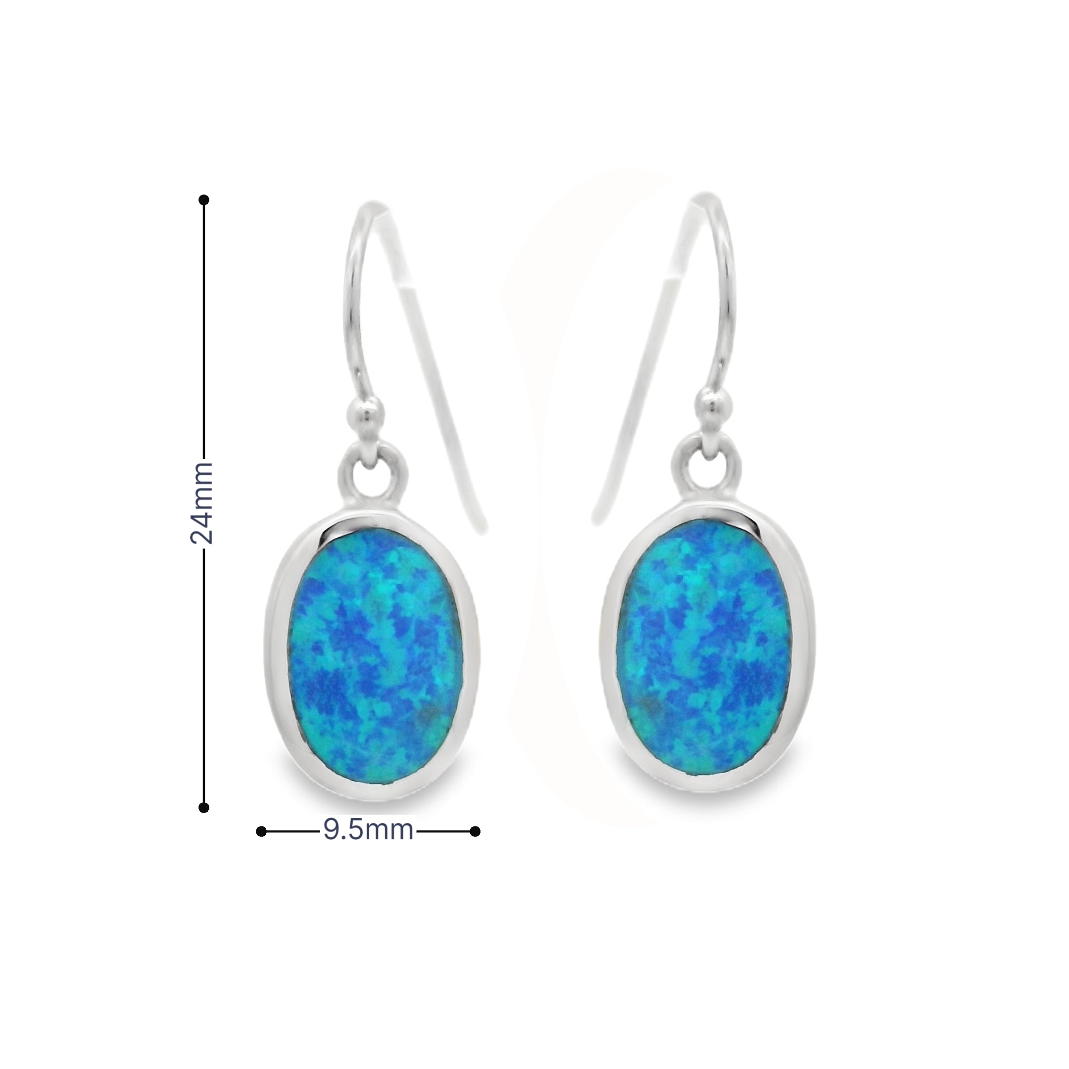 Silver Blue Created Opal Oval Drop Earrings