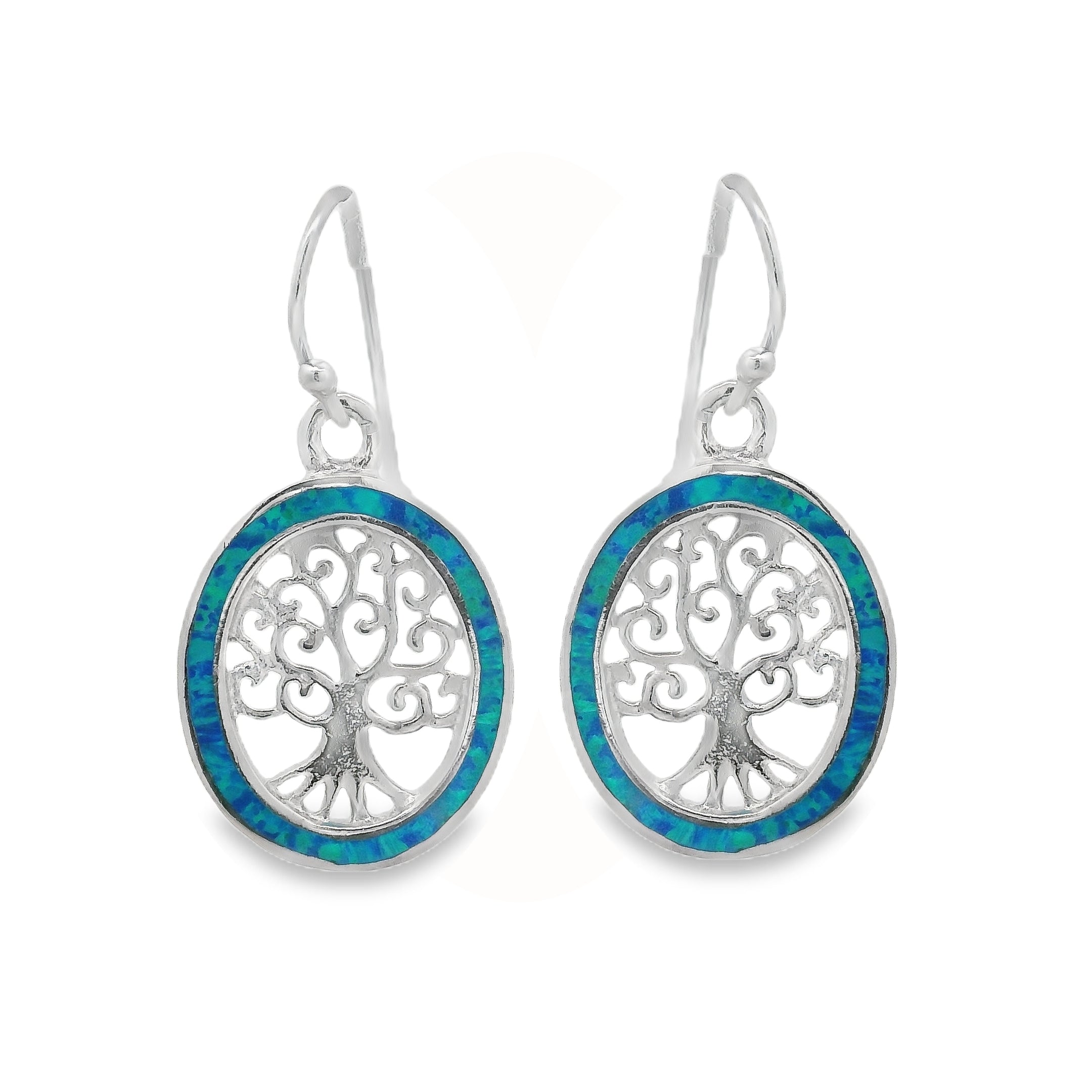 Silver Blue Created Opal Tree of Life Drop Earrings