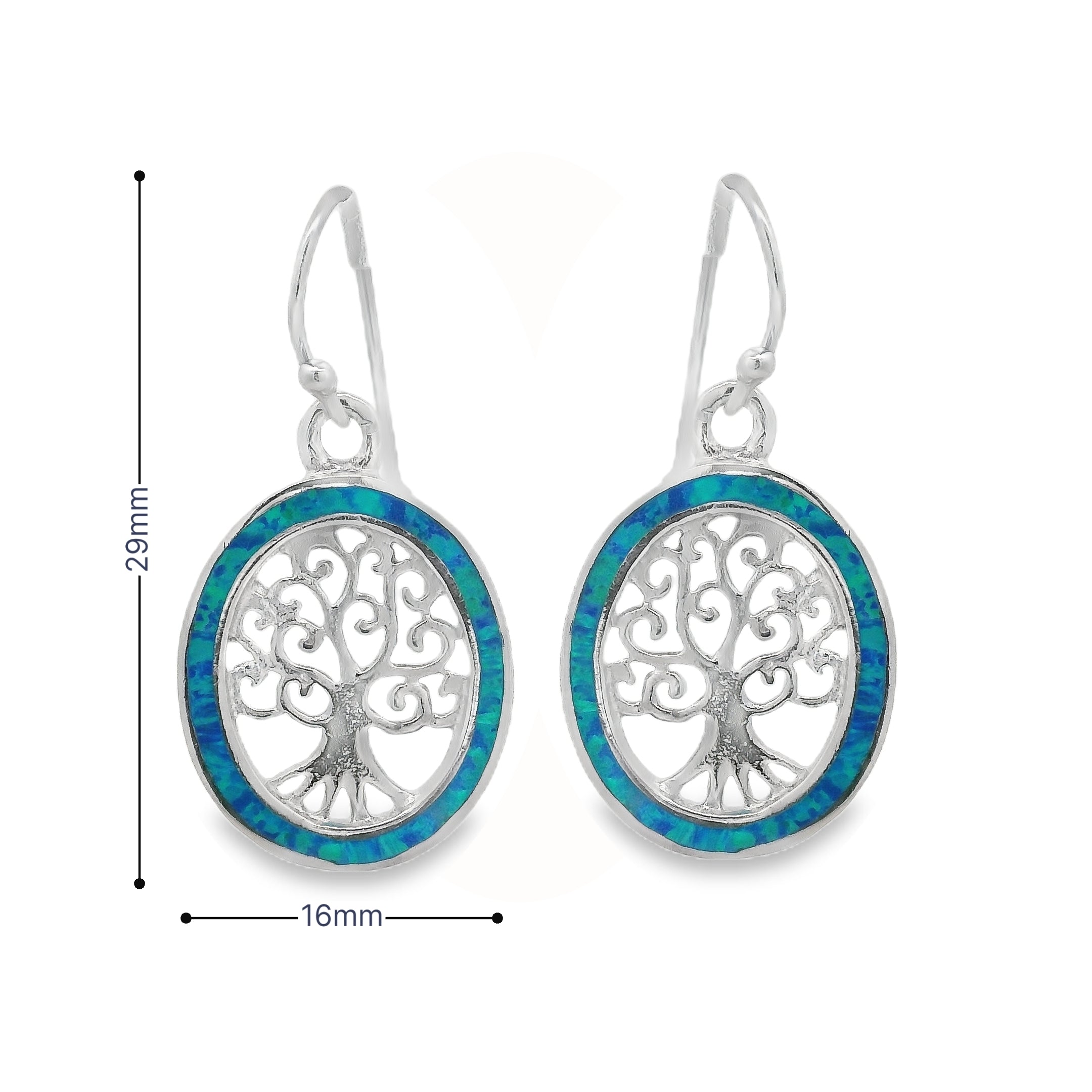 Silver Blue Created Opal Tree of Life Drop Earrings