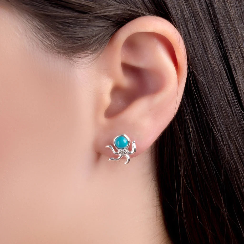 Henryka Mini Octopus Stud Earrings in Silver and Turquoise model shot