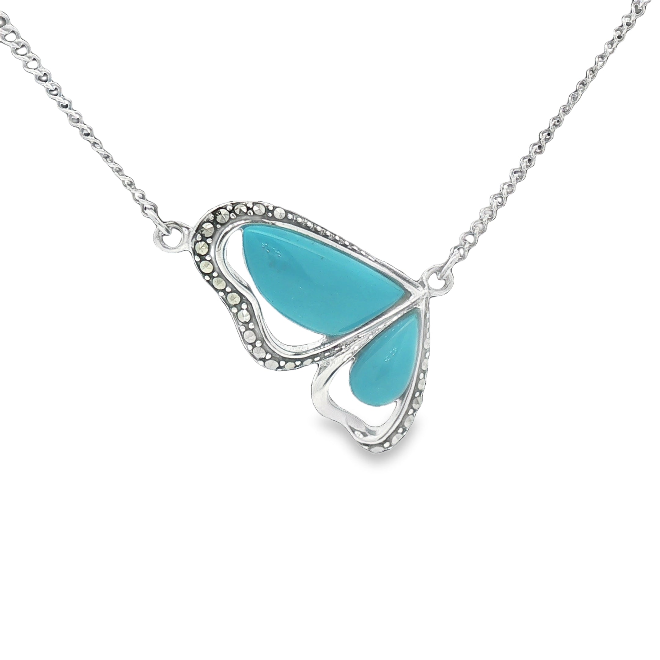 Sterling Silver Marcasite & Turquoise Butterfly Wing Necklace