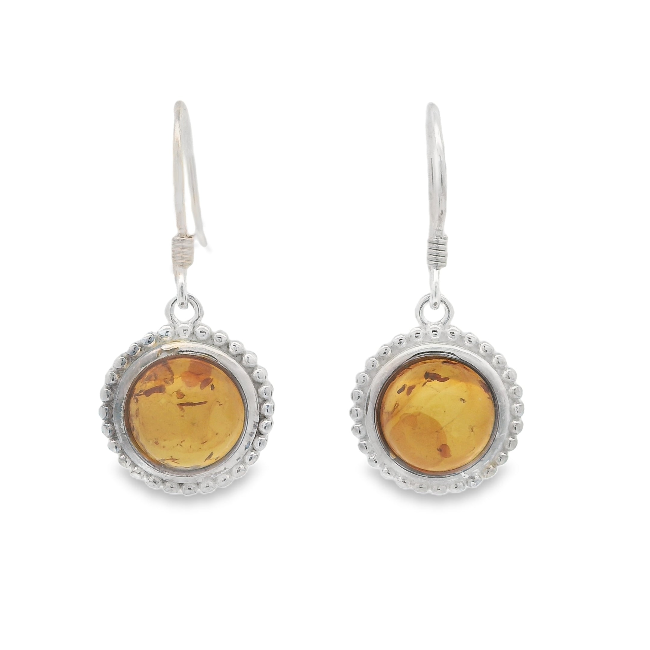 Sterling Silver Amber Beaded Edge Hook Drop Earrings