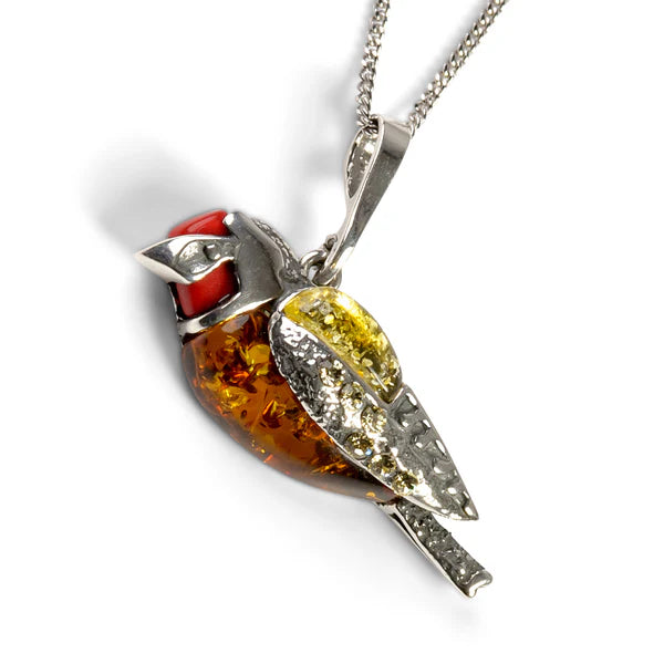 Henryka Goldfinch Bird Necklace in Silver, Coral and Amber