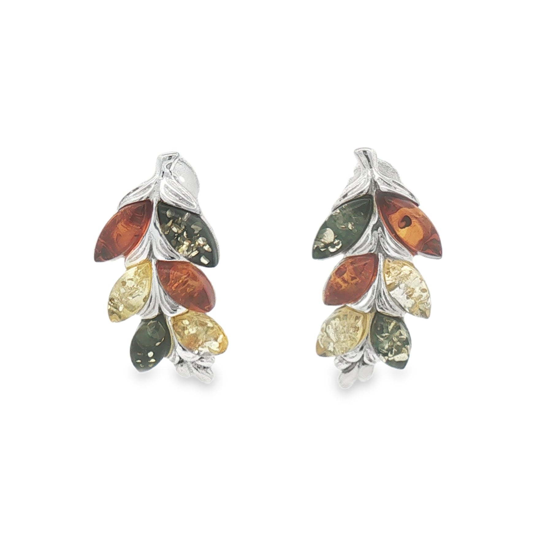 Sterling Silver Multi Colour Amber Leaf Earrings