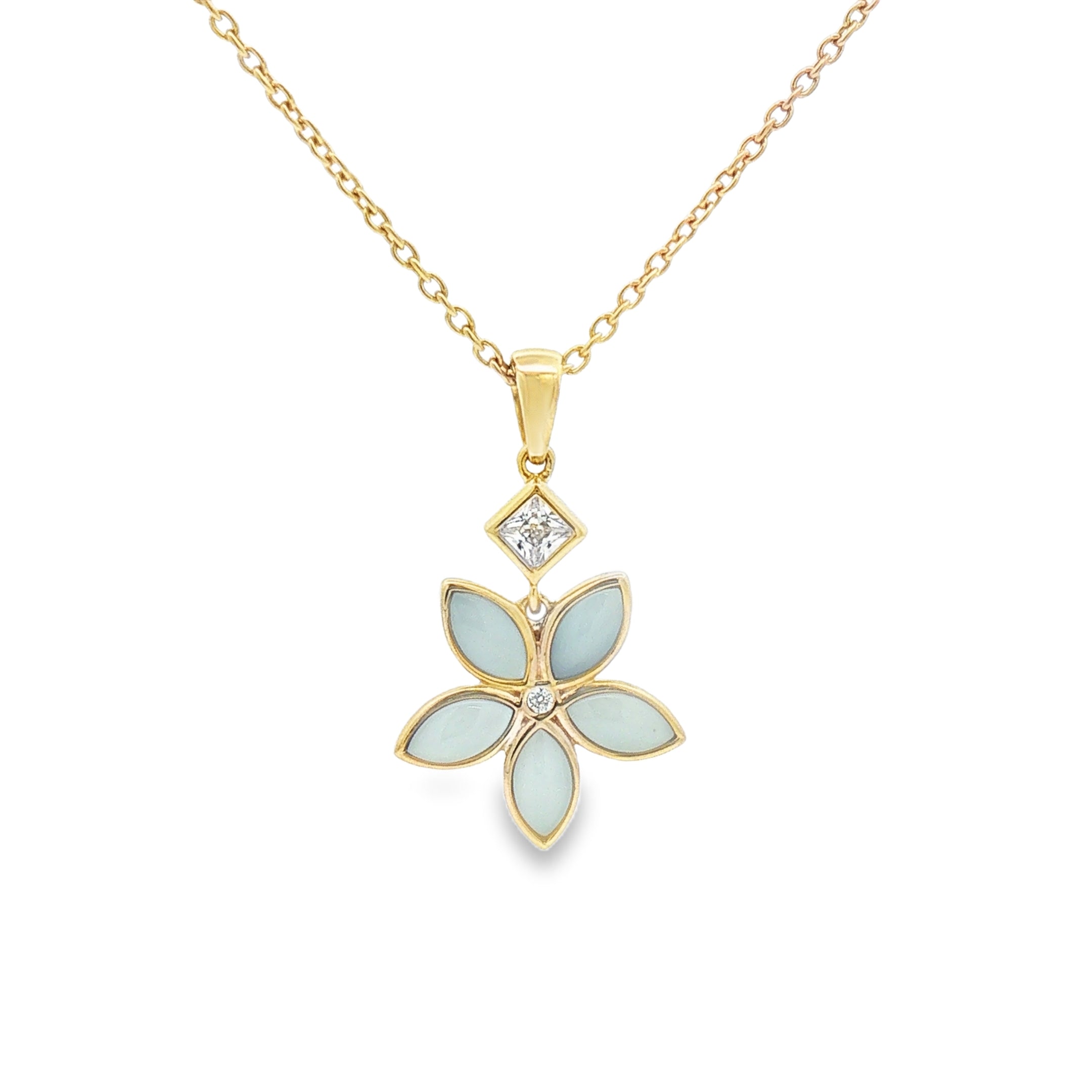 Sterling Silver Gold Plated Blue Mother of Pearl Flower Necklace