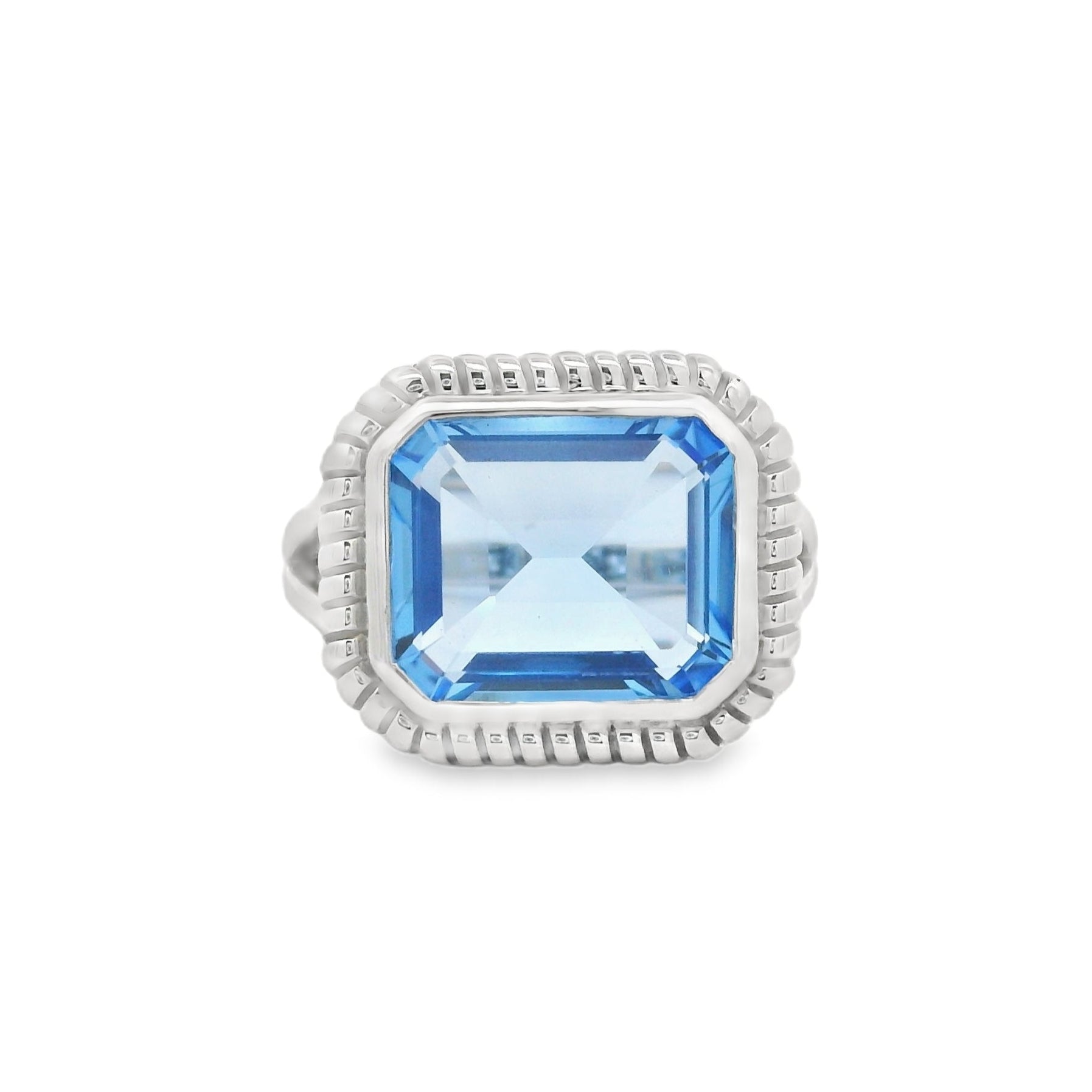 Silver Blue Synthetic Quartz Emerald Cut Ring