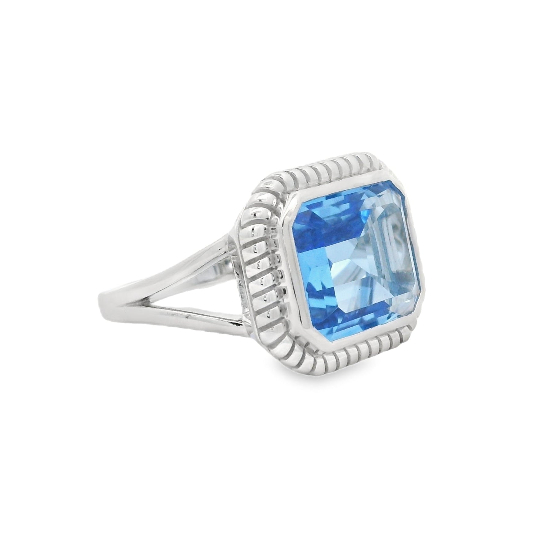 Silver Blue Synthetic Quartz Emerald Cut Ring side
