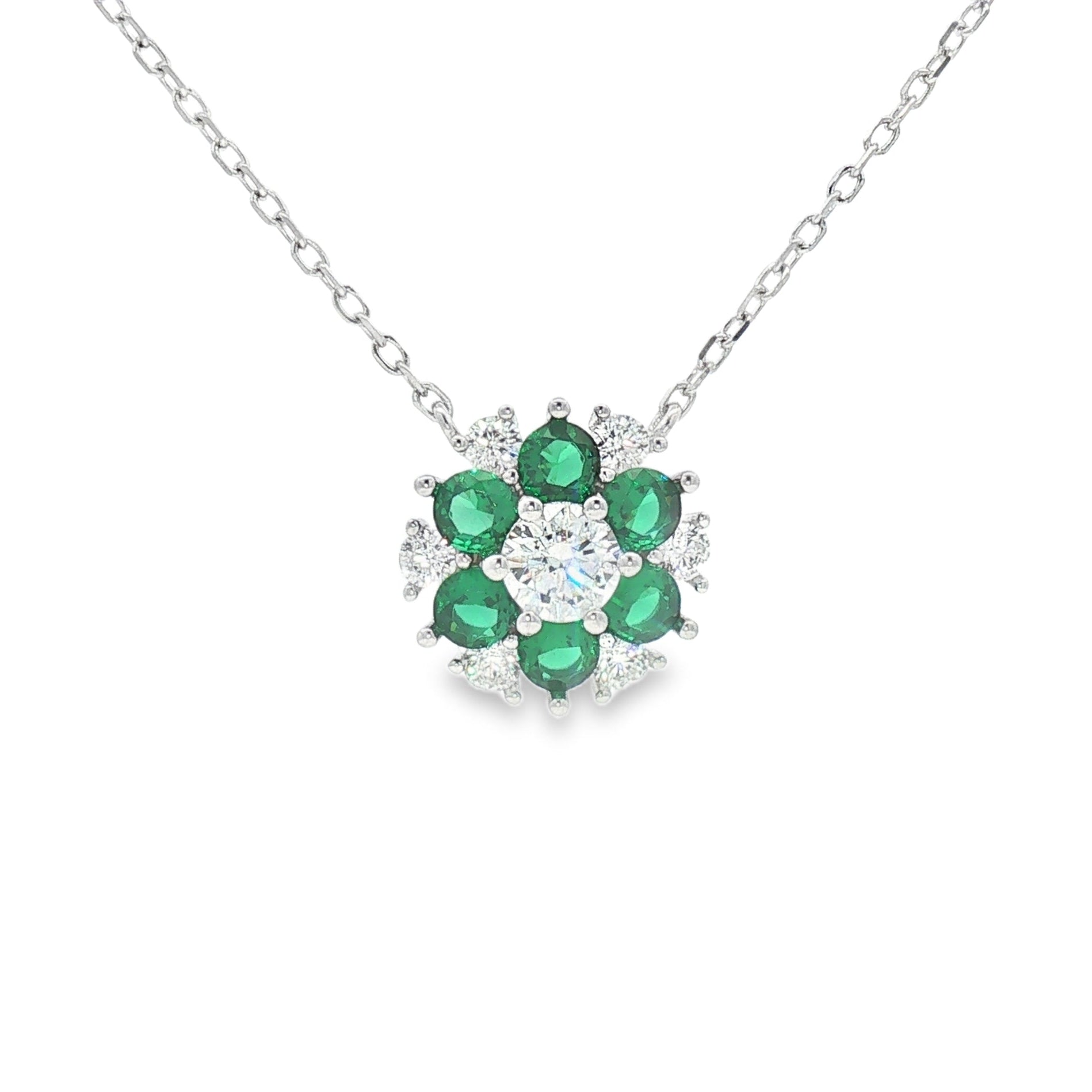Sterling Silver Green & White CZ Flower Necklace
