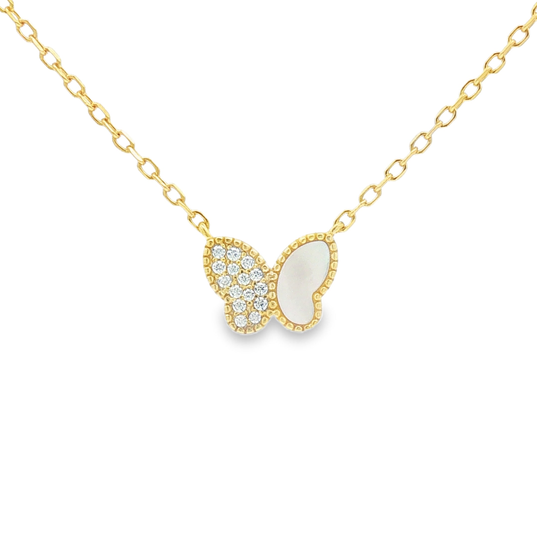 Sterling Silver Gold Plated MOP & CZ Butterfly Necklace