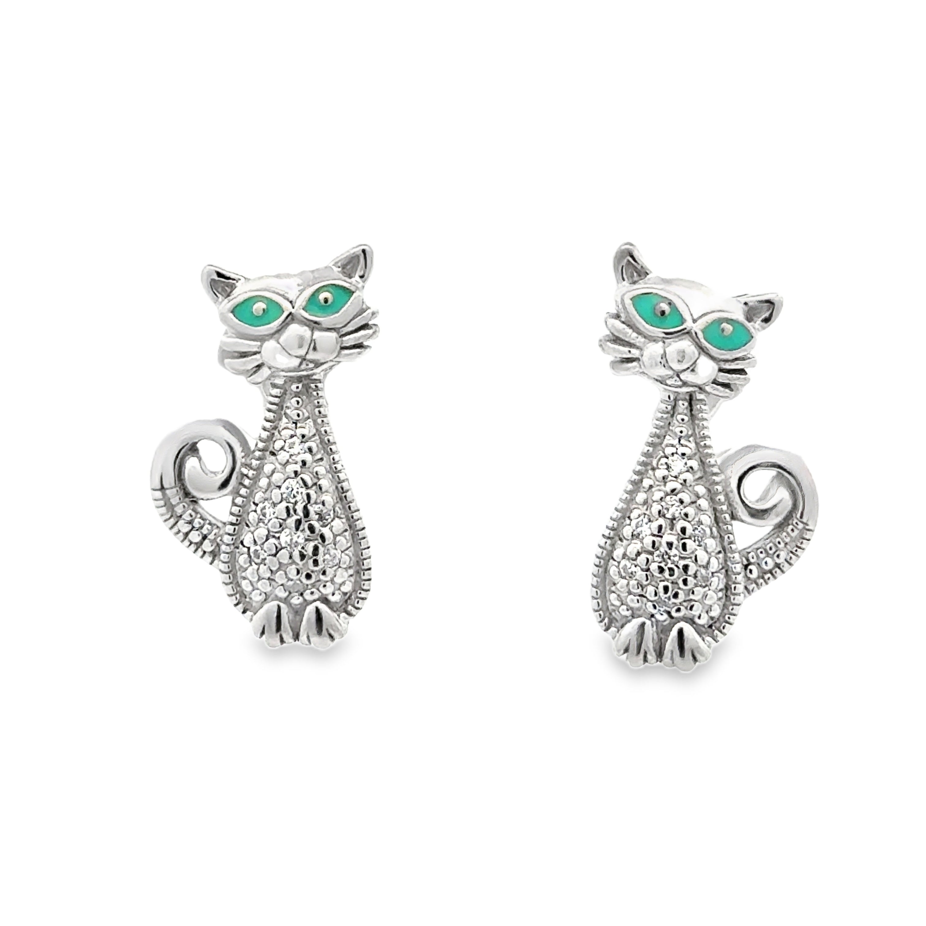 Silver CZ Cat Stud Earrings