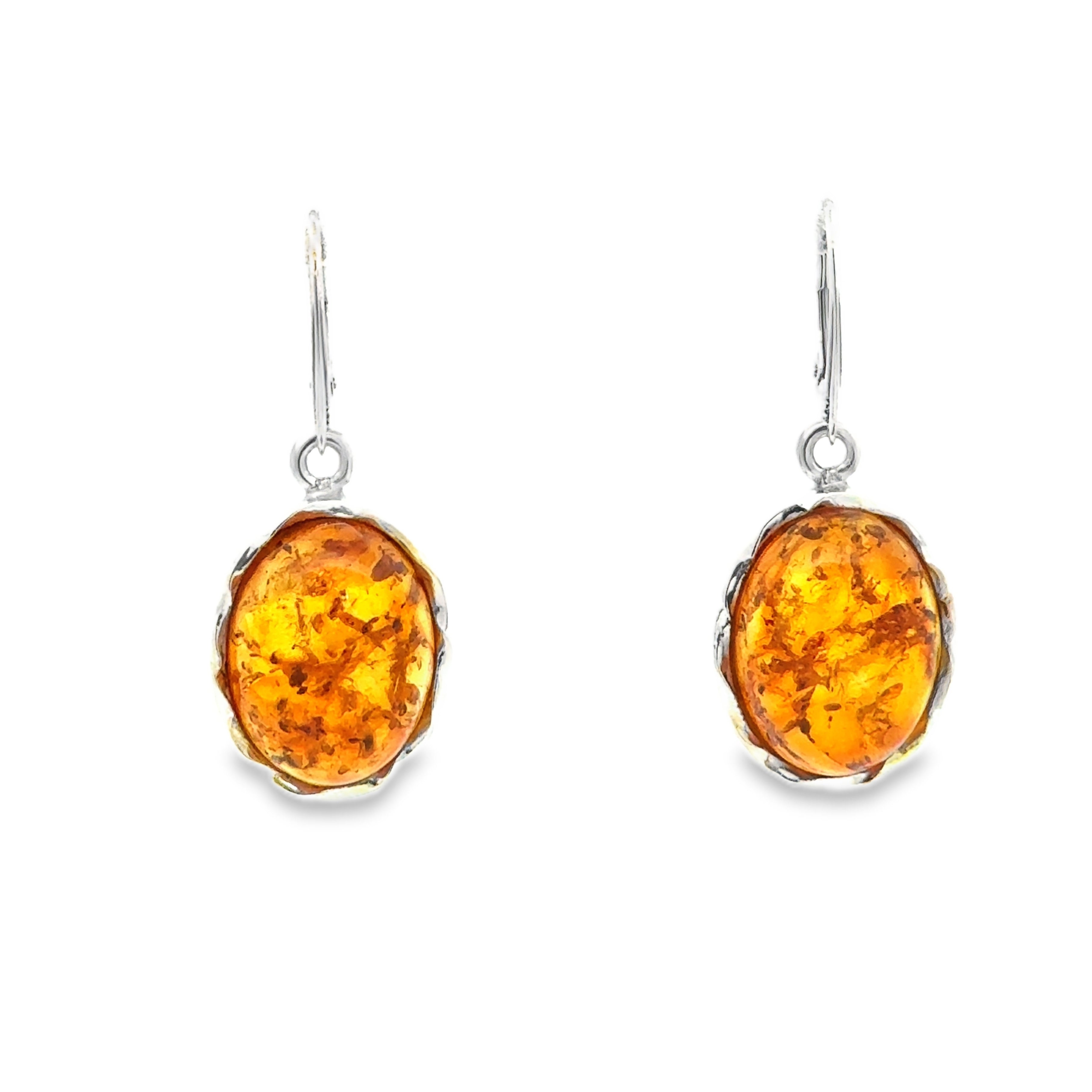 Sterling Silver Large Oval Amber Fancy Edge Drop Earrings