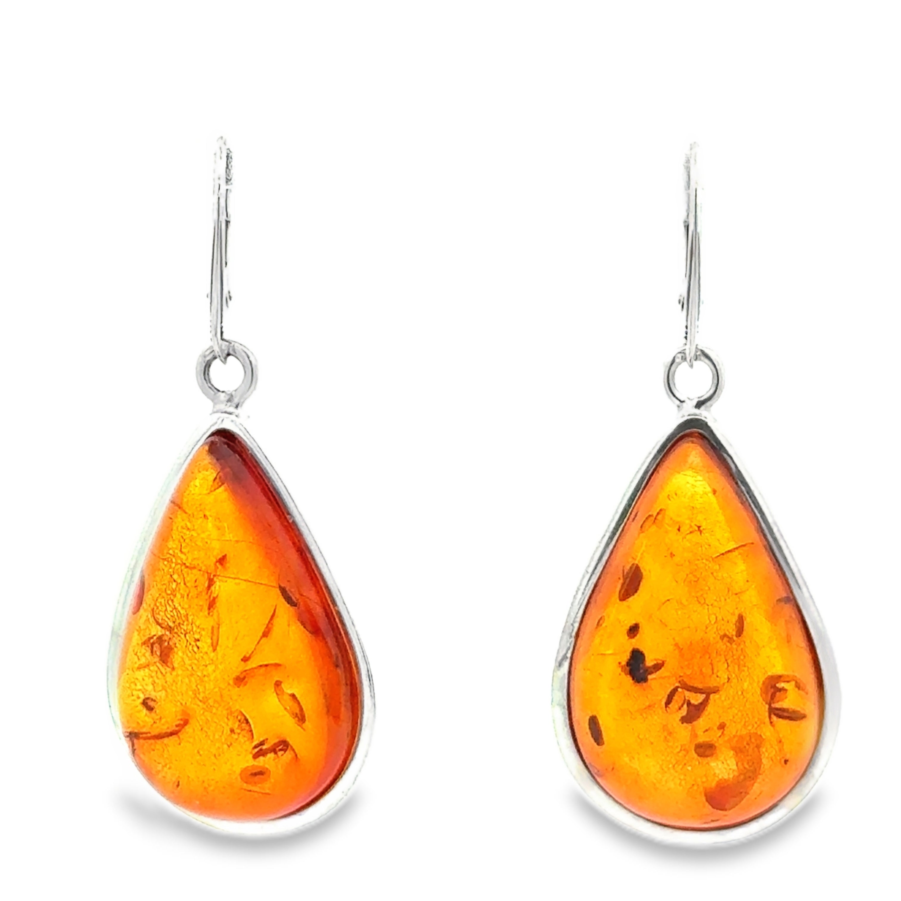 Sterling Silver Large Pear Amber Drop Earrings