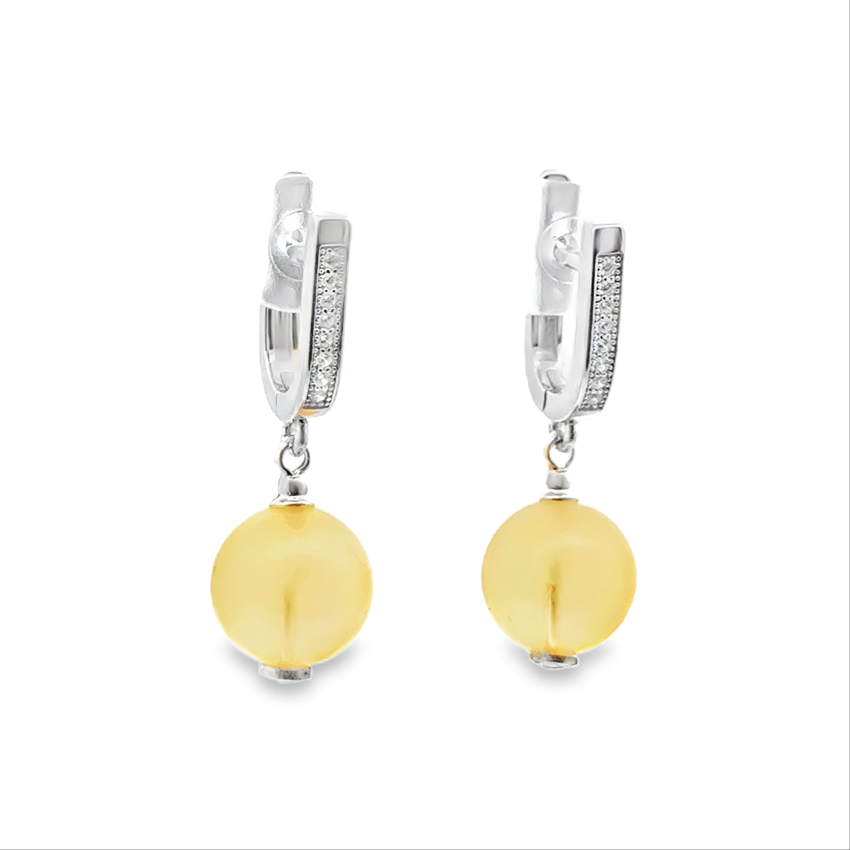 Sterling Silver Yellow Amber Ball Drop Earrings