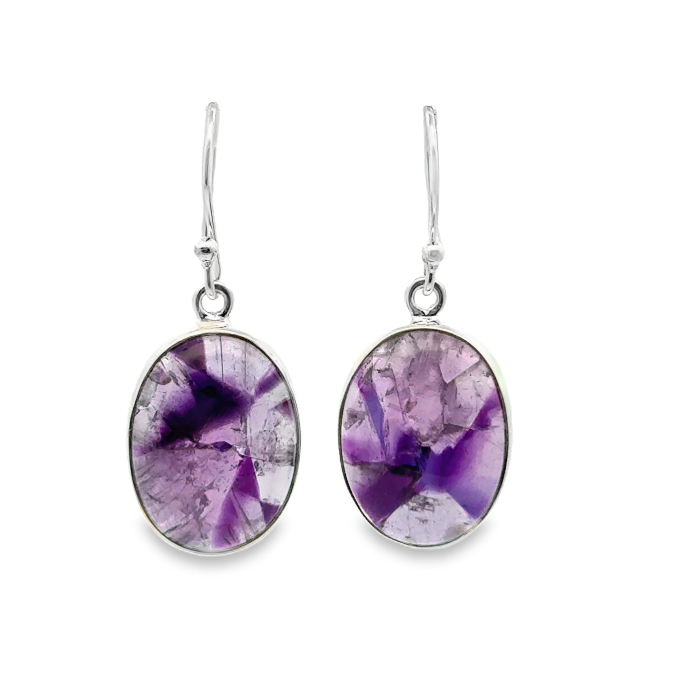 Silver Oval Star Amethyst Drop Earrings