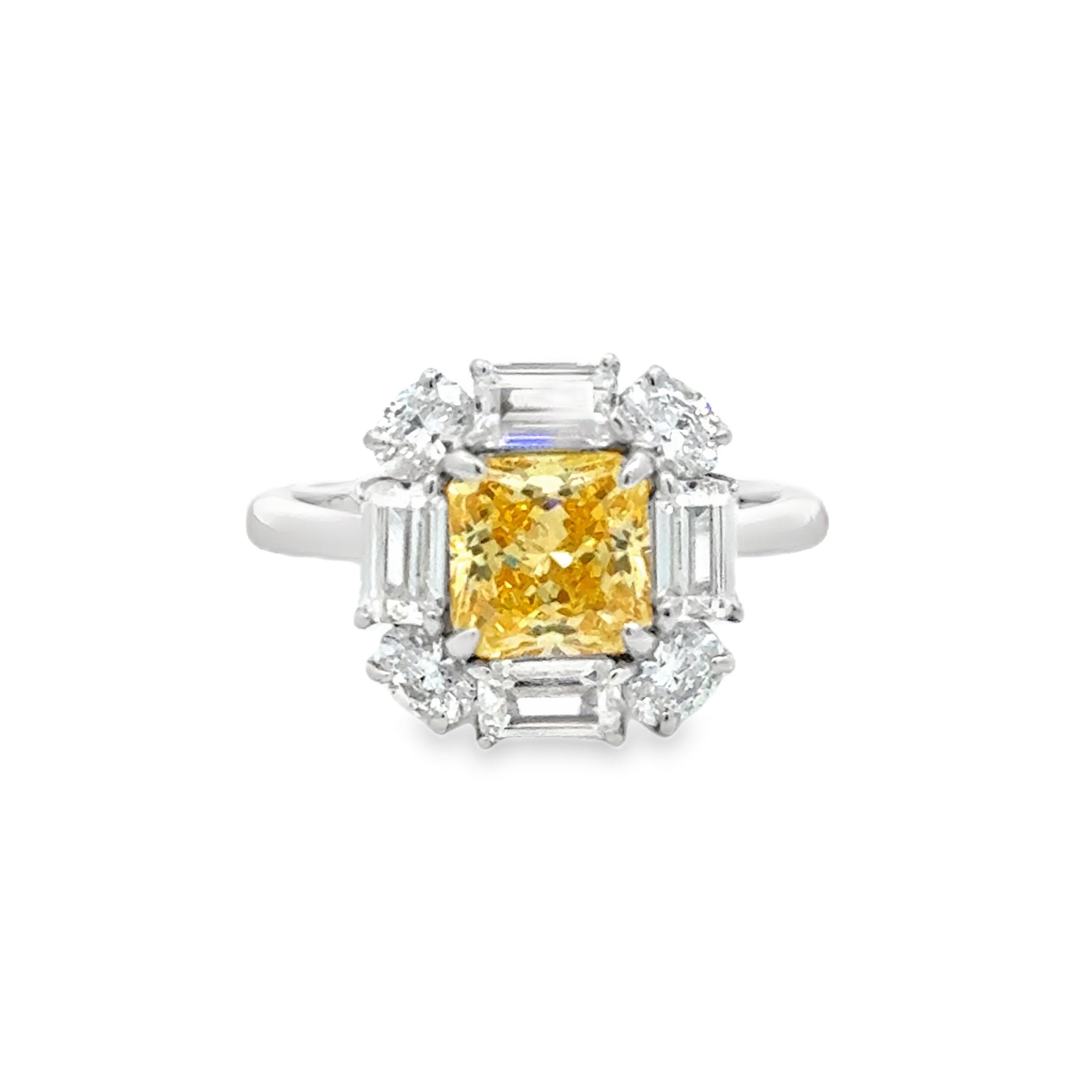 Silver Square Yellow & White CZ Ring