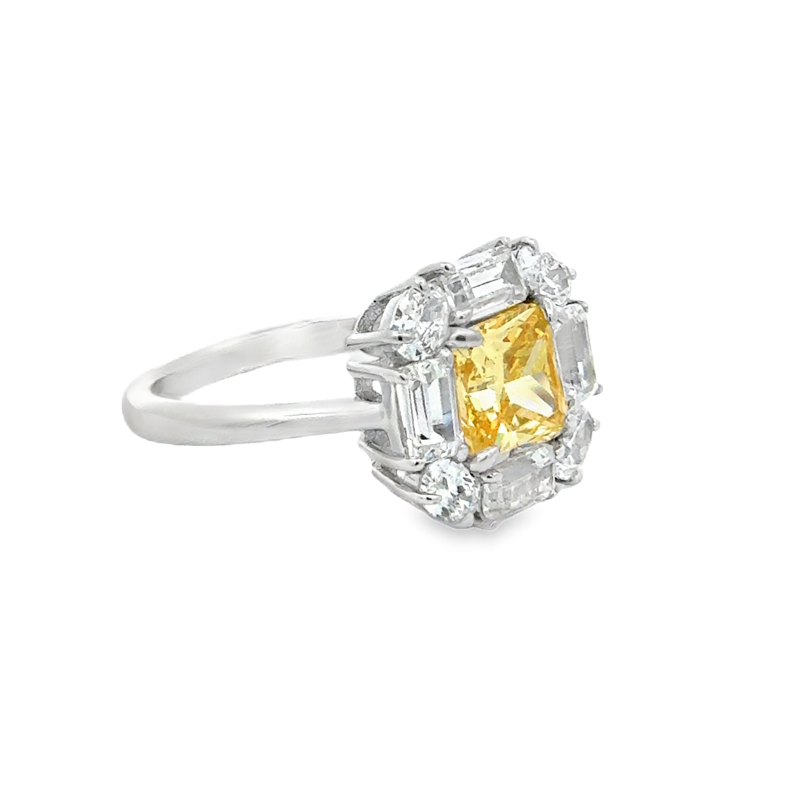 Silver Square Yellow & White CZ Ring side