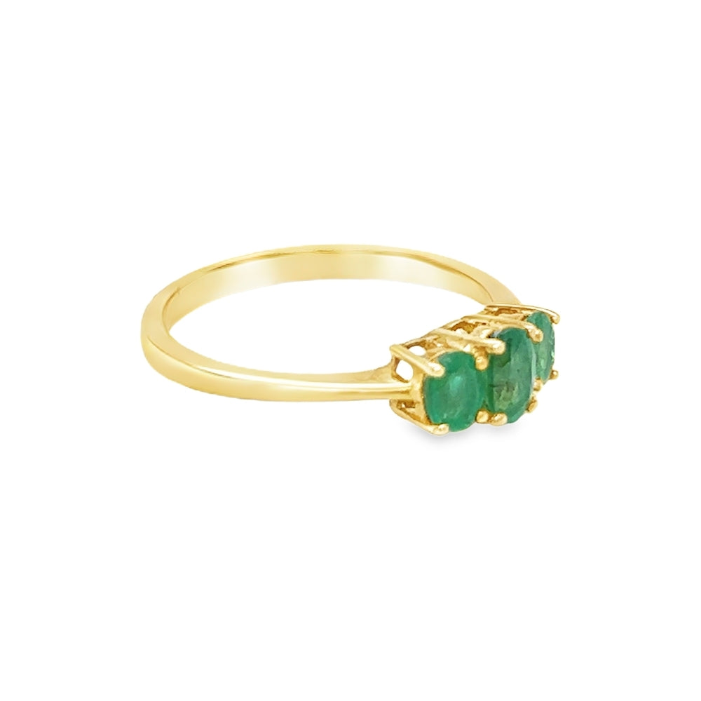 Emerald 3 Stone Ring 9ct Yellow Gold side