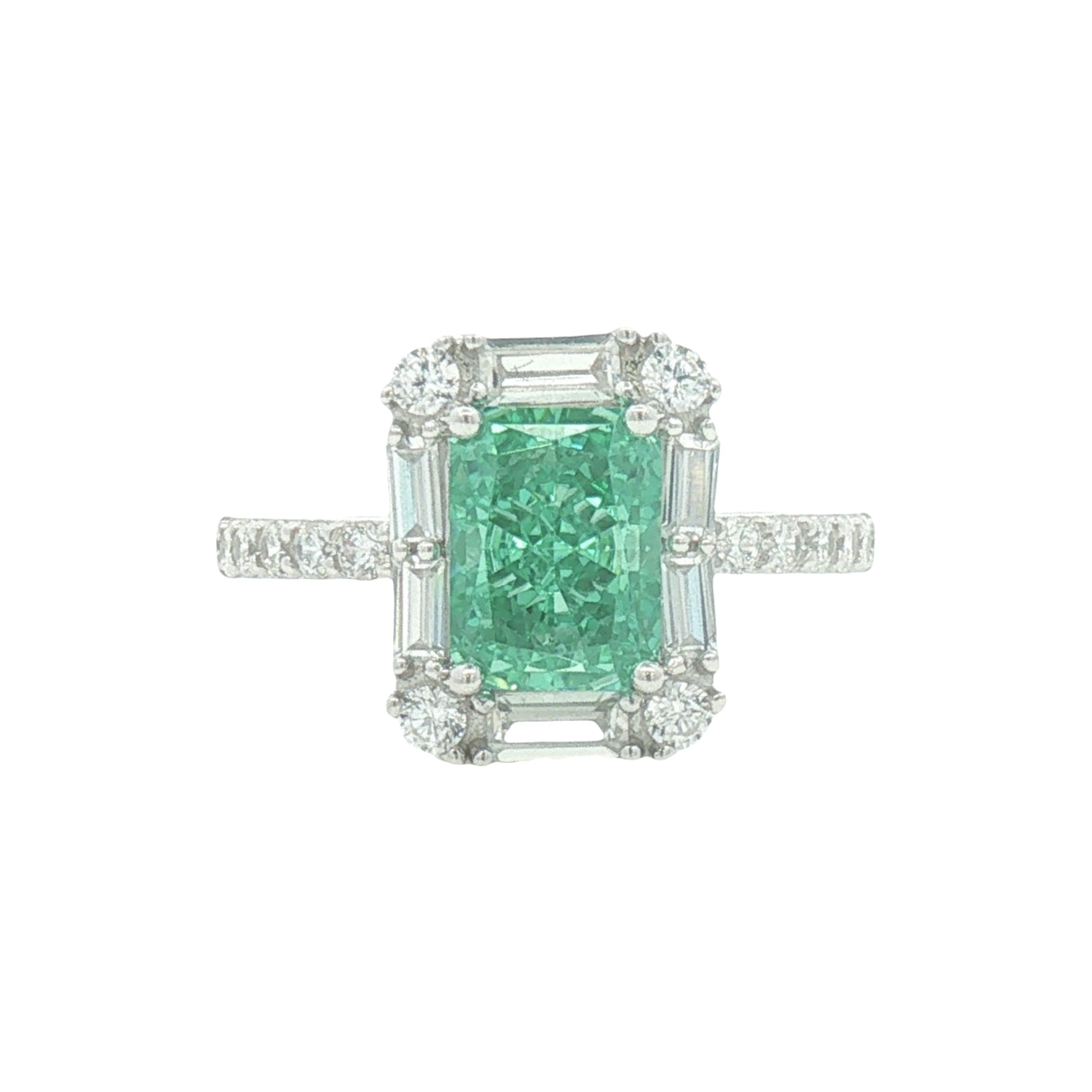 Silver Green & White CZ Rectangular Cluster Ring