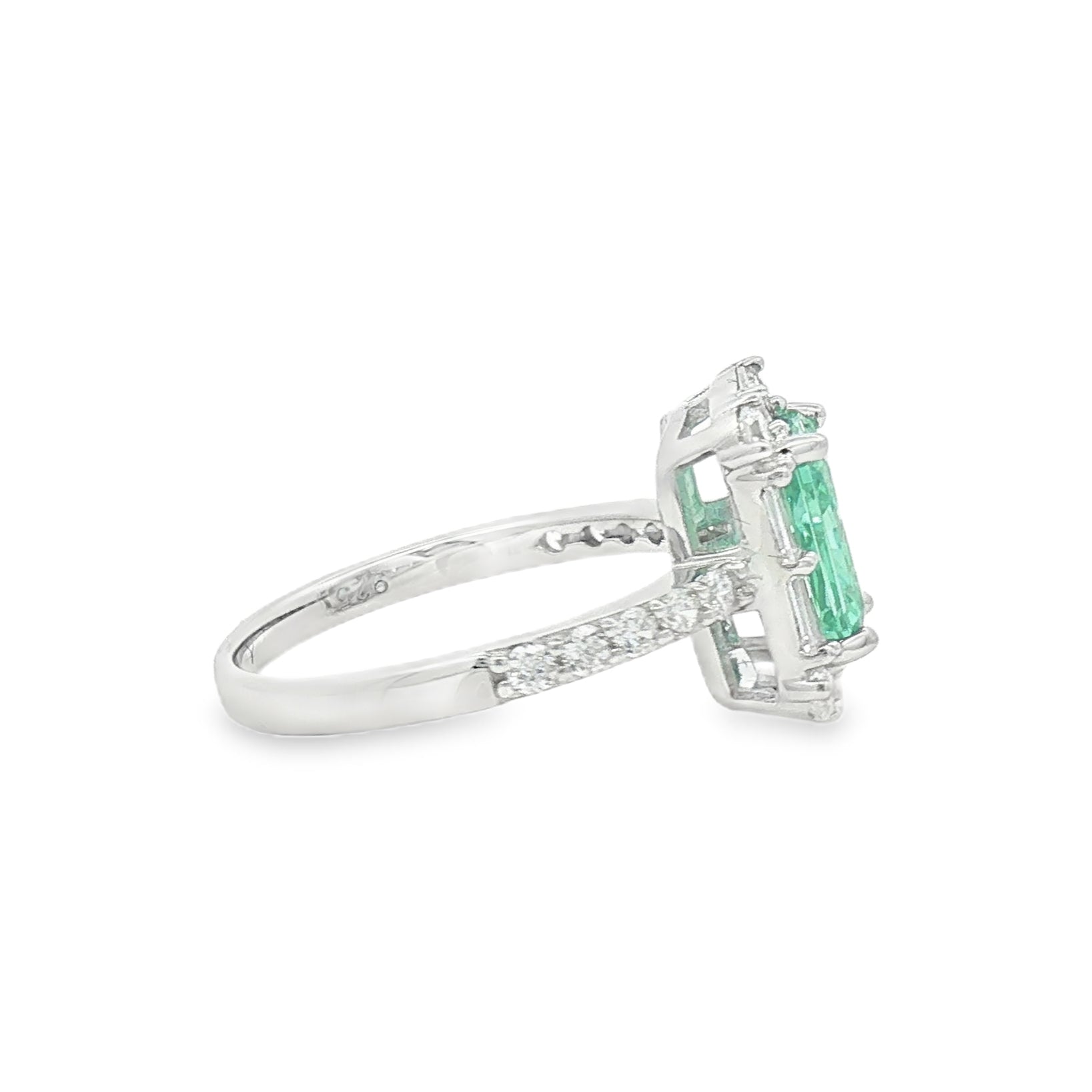 Silver Green & White CZ Rectangular Cluster Ring SIDE