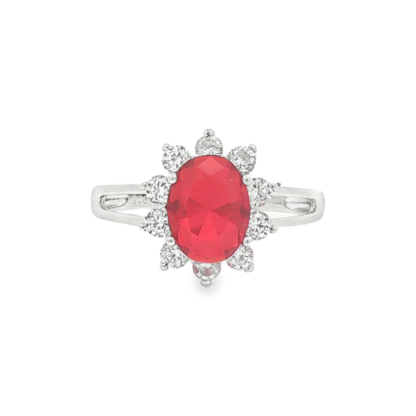 Silver Red & White CZ Oval Cluster Ring