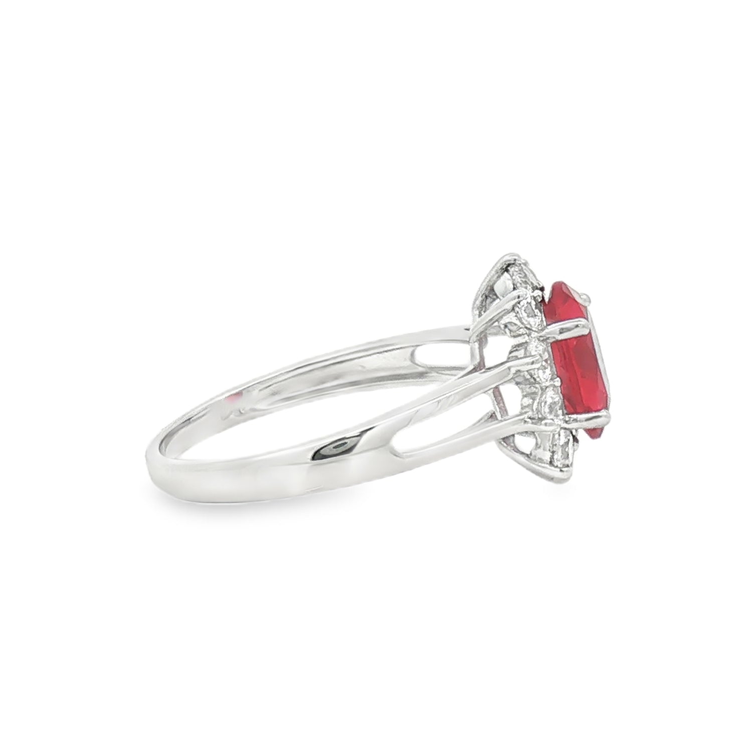 Silver Red & White CZ Oval Cluster Ring SIDE