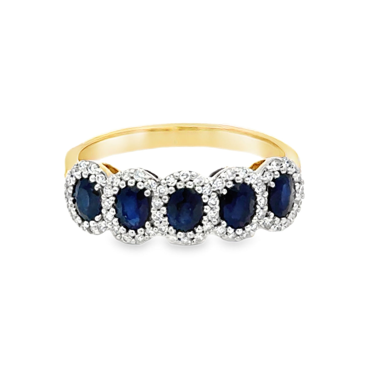 Sapphire & Diamond 5 Oval Cluster Ring 9ct Yellow Gold