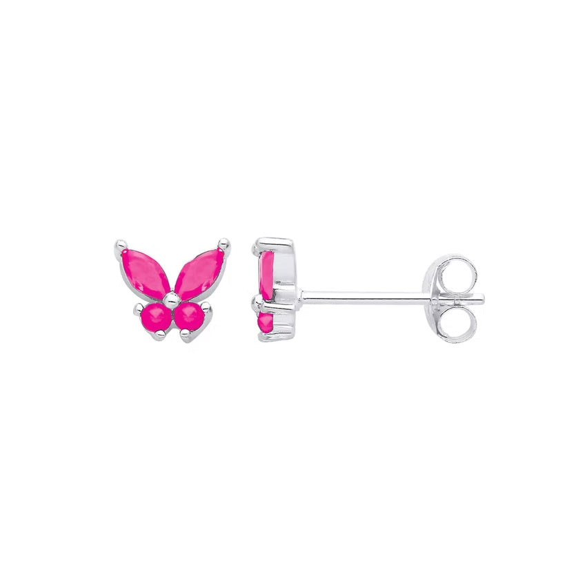 Sterling Silver Pink Butterfly Stud Children's Earrings SIDE
