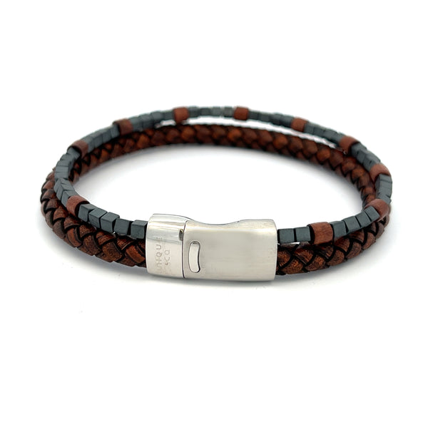 Unique & Co Men's Brown Leather, Hematite & Wood Bracelet B546