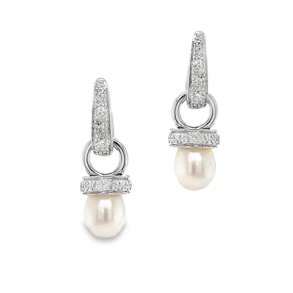 Sterling Silver Fresh Water Pearl & CZ Drop Earrings