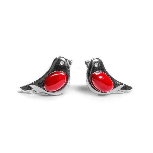 Henryka Tiny Bird Earrings in Silver & Coral