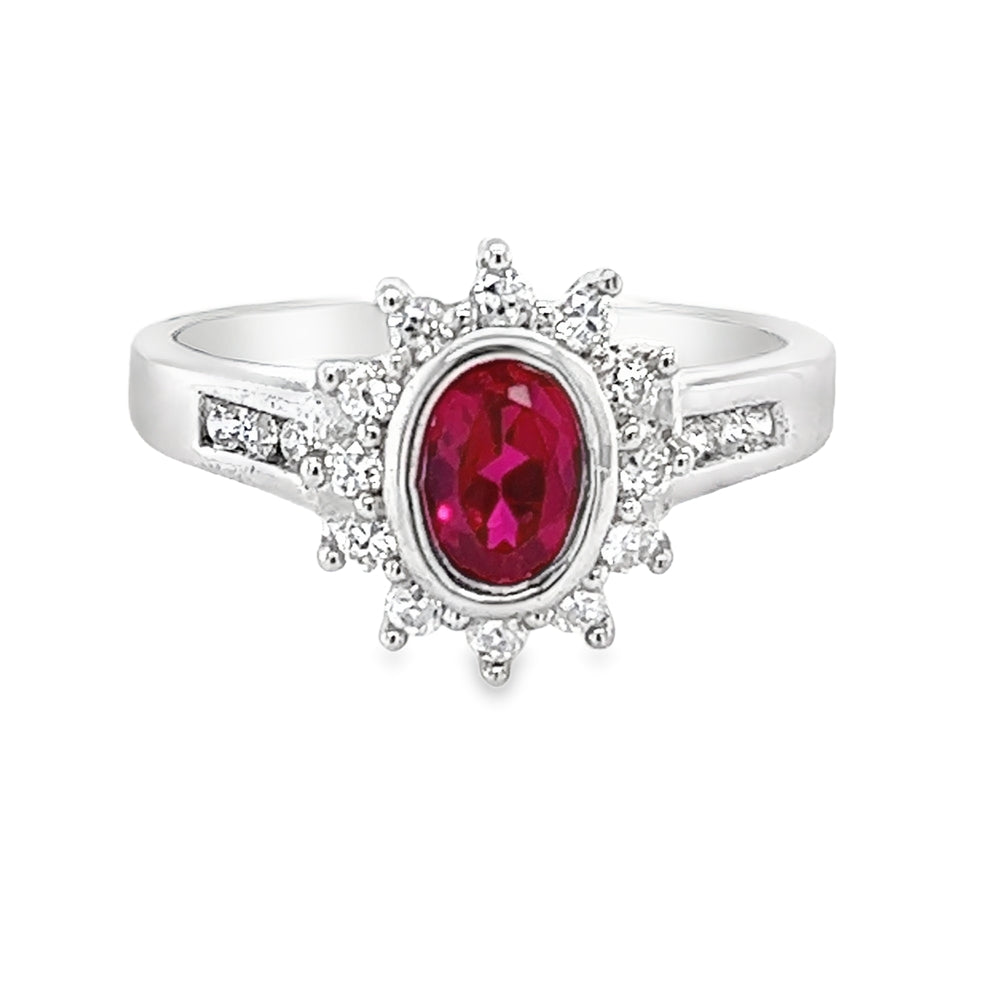 Silver Ruby Red & White CZ Oval Cluster Ring