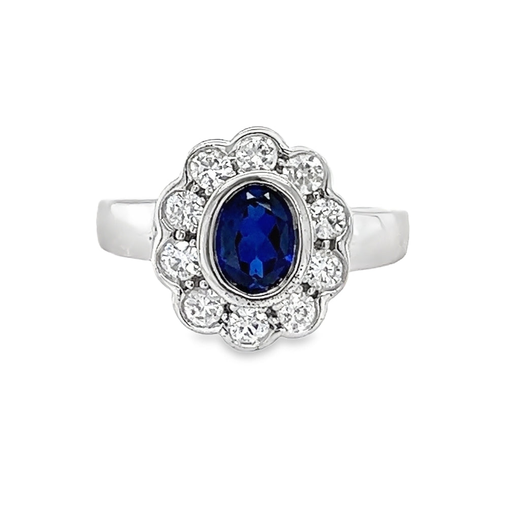 Silver Sapphire Blue & White CZ Classic Oval Cluster Ring