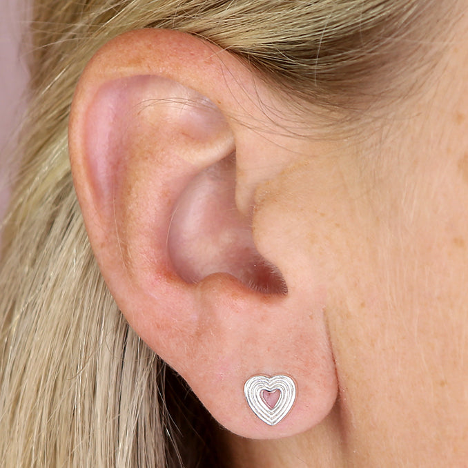 Sterling Silver Ribbed Heart Stud Earrings model