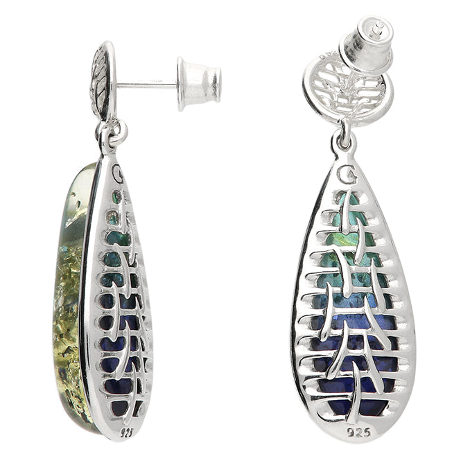Sterling Silver Blue Amber Tear Drop Earrings REAR