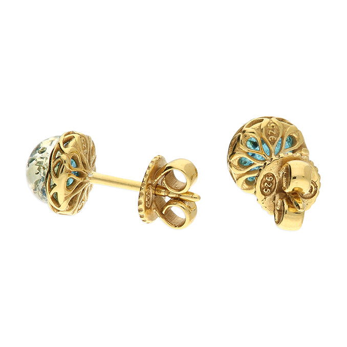 Sterling Silver Gold Plated Blue Amber Stud Earrings rear