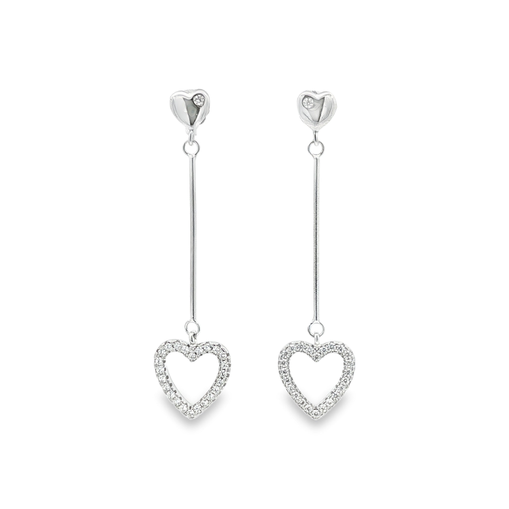 Sterling Silver Heart CZ Long Drop Earrings